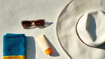 Overhead shot of beach essentials including hat sunglasses towel and sunscreen