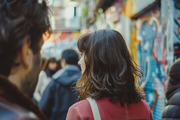 Young couple walking in the city. Concept of love and romance.