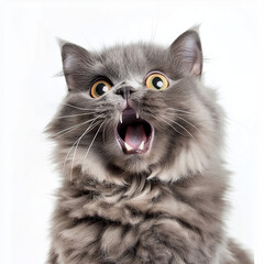 Frightened Grey Cat with Fluffy Fur