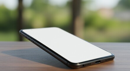 Modern smartphone positioned angled on wooden table, blank screen, blurred green background, natural light creating soft shadows.