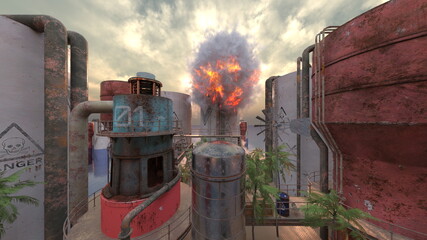 Naklejka premium 攻撃される未来都市の風景 3DCGレンダリング