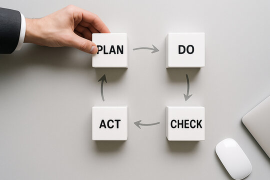 Minimalist office setup with hand arranging white blocks labeled Plan, Do, Check, Act in circular workflow, symbolizing systematic quality improvement approach