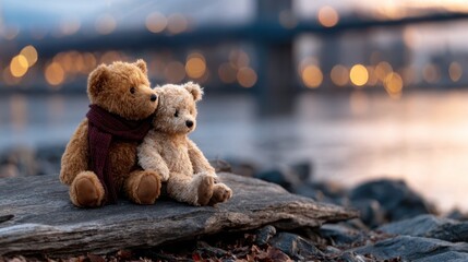 This delightful image features two adorable teddy bears snuggling close to each other on a wooden log near a shimmering lake at sunset, evoking warmth and companionship.