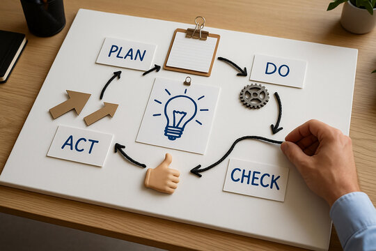 Creative PDCA concept board featuring arrows, icons, and a lightbulb symbol at the center to represent innovation in process improvement