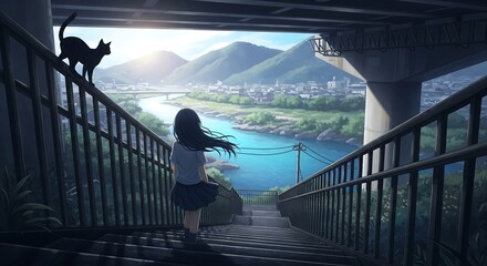 Fototapeta premium Anime-style art: Girl on stairs with a cat, overlooking a river, town, and mountains. Bright, peaceful scene. Bridge overhead.