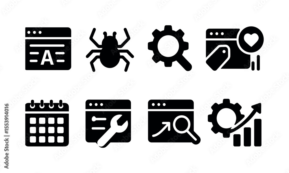 Poster web development solid icon set. coding, seo, tools, analytics, security icons.