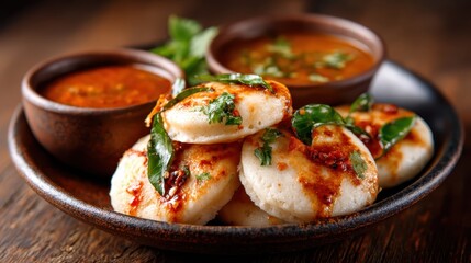 This appetizing image showcases a traditional South Indian dish featuring soft idlis served with vibrant chutneys, capturing the rich flavors and textures of South Asian cuisine.
