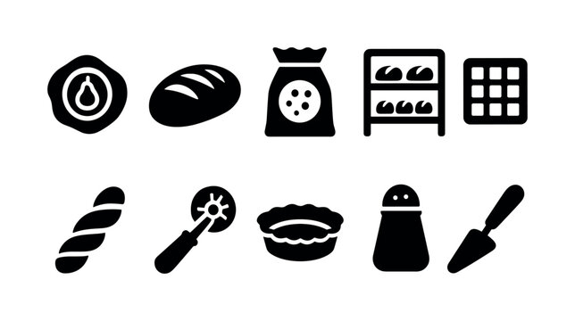 Bakery solid icon set. bread, baking tools, kitchen elements in solid style
