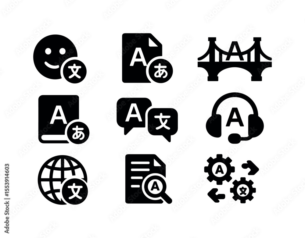 Poster language translation solid icon set. communication and global symbols in solid design