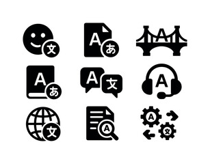 Obraz na płótnie Canvas Language translation solid icon set. communication and global symbols in solid design