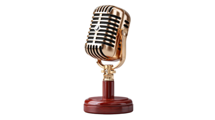Vintage Microphone in the Spotlight: A gleaming vintage microphone, a timeless symbol of sound recording, stands tall in the spotlight.