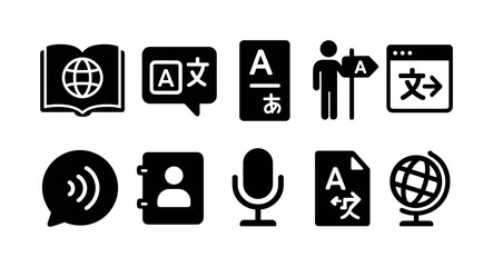 Translation, language solid icon set. communication, global symbols solid collection