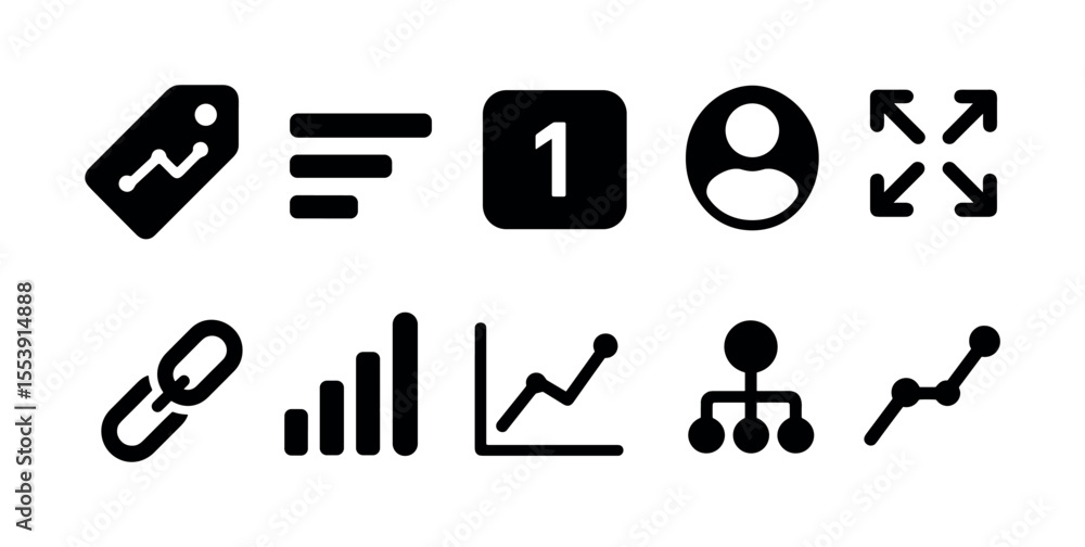 Poster data analysis solid icon set. charts, links, and user interface in solid collection