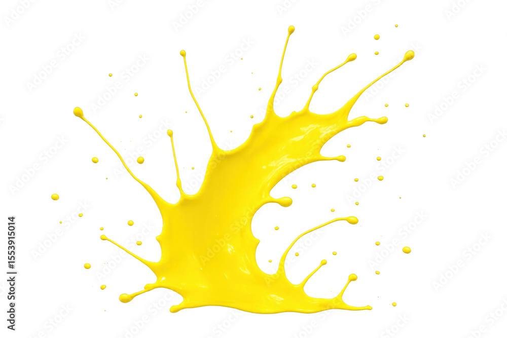 Poster vibrant yellow paint dynamic splashing, arcing through transparent space with explosive colorful ene