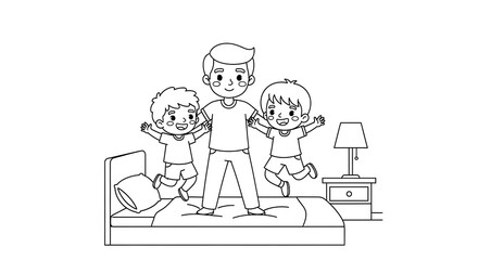 Father and two sons jumping on the bed having fun isolated on transparent background