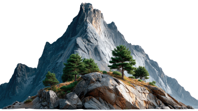 Majestic Mountain Peak: A breathtaking view of a majestic mountain peak, with rugged terrain, rocky outcrops, and resilient evergreen trees clinging to the slopes.