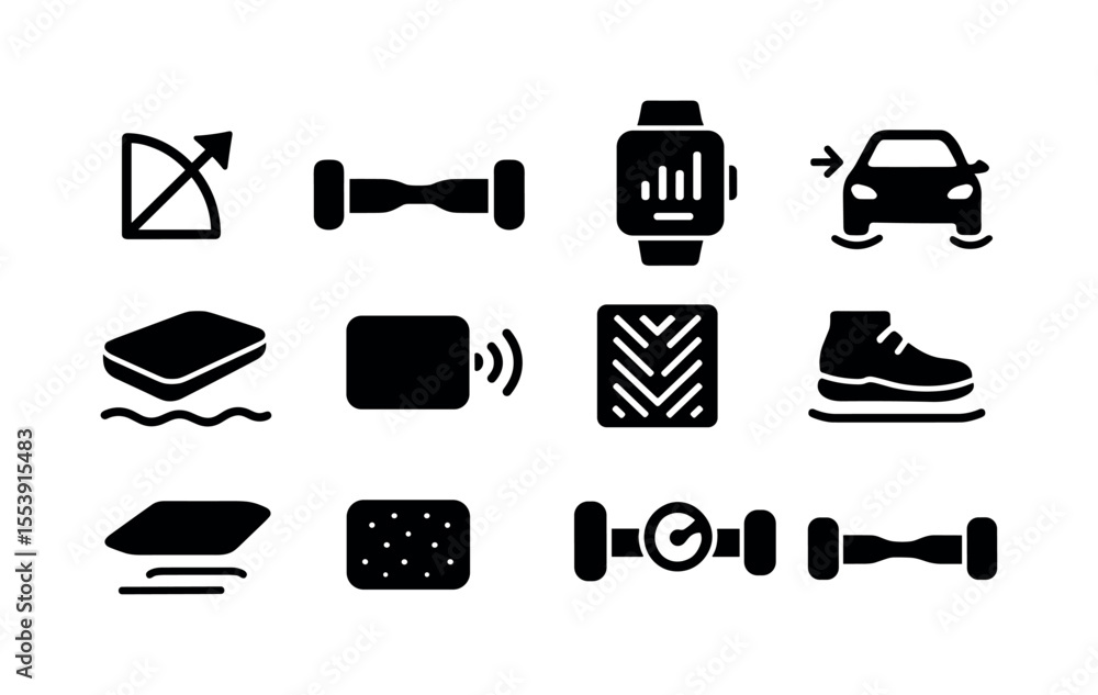 Poster office essentials solid icon set. document, id badge, printer in a solid style collection