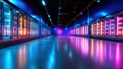 A striking modern grocery store aisle emphasized by vibrant neon colors, creating an intriguing and appealing shopping atmosphere that captivates customers.