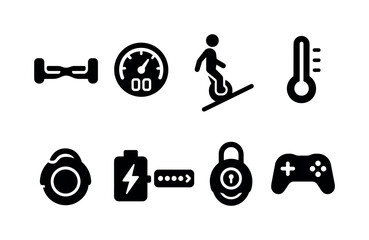 Technology gadget solid icon set: devices, tools, gaming, security symbols