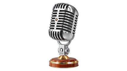 Vintage Microphone on Display: A classic silver microphone, standing tall with its elegant design, evokes the golden age of broadcasting. The studio microphone is showcased against a clean backdrop. 
