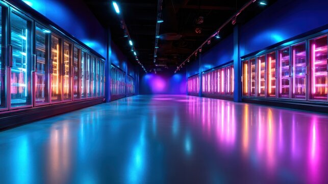 A striking modern grocery store aisle emphasized by vibrant neon colors, creating an intriguing and appealing shopping atmosphere that captivates customers. - Powered by Adobe
