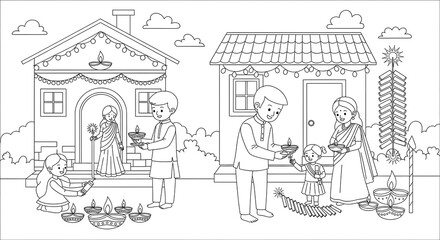 Indian family celebrating diwali festival lighting diyas and firecrackers isolated on transparent background