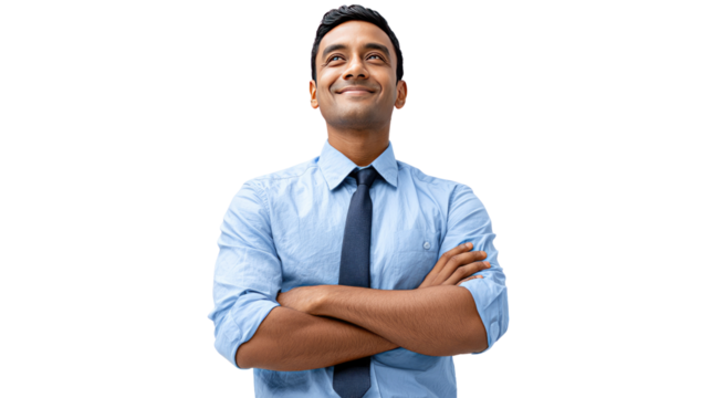 The Visionary's Gaze: An Indian businessman radiates confidence and ambition, gazing upwards with a hopeful expression, symbolizing leadership and visionary thinking.