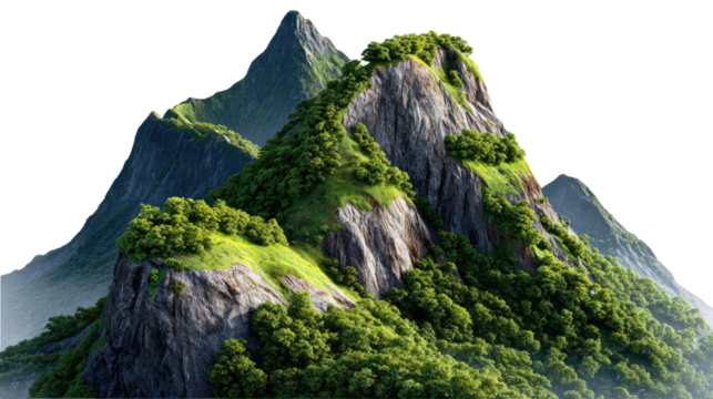 Verdant Mountain Majesty: Lush green trees envelop rugged mountain peaks in this scenic illustration, showcasing nature's grandeur in a high-definition view.