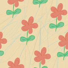 Playful seamless floral pattern with hand-drawn orange flowers, green leaves, and light blue scribbles on a beige background. Great for children’s products, stationery, gift wrap, or spring-thems