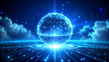 Glowing AI Sphere Floating in Cloud Data Environment. AI themed Background. Generated Image