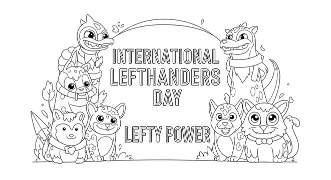 Cute cartoon monsters celebrate international lefthanders day with lefty power isolated on transparent background