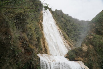 waterfall bridal veil, Waterfall, Trees, water, river, rocks, vegetation, green, blue, beautiful day, nature, park, at chiapas, mexico
