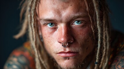 This portrait captures a young man with vibrant dreadlocks, piercing blue eyes, and expressive facial tattoos, embodying confidence and individuality in his unique style.