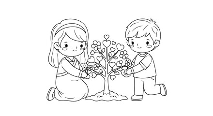 Obraz premium Cute cartoon boy and girl planting a tree with heart shaped leaves isolated on transparent background