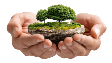 Nature in Hand: Delicate cupped hand holding a miniature landscape with tree, embodying environmental stewardship and the importance of protecting our planet.