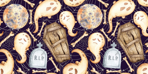 Ghost moon coffin and web on blue pattern watercolor