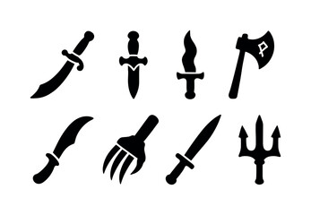 Weapon silhouette icon set. knives, swords, axes silhouette collection for games