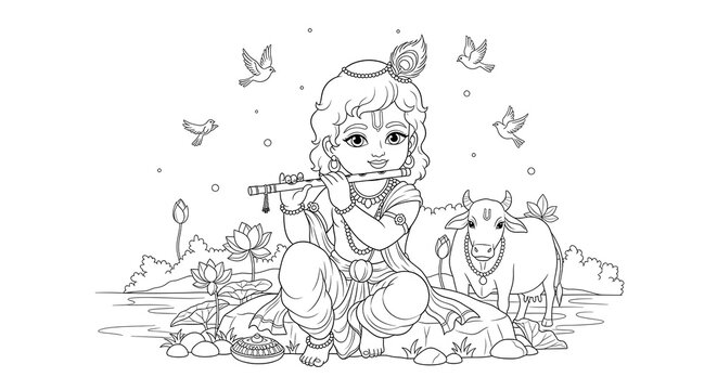 krishna playing flute, birds, cow, black and white clip art preview