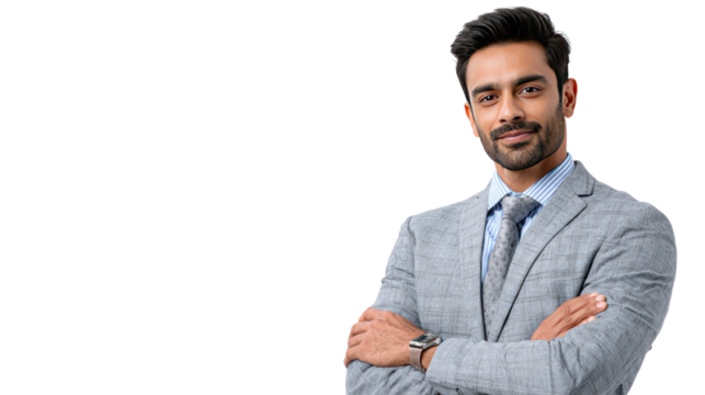 Confident Businessman Portrait: A portrait of a businessman with arms crossed, showcasing confidence and professionalism. His attire and posture project an image of success and competence.
