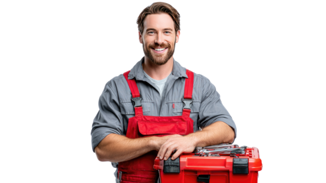 Mechanic with Tools: A skilled mechanic, radiant with confidence, stands alongside his trusty toolbox, portraying reliability and expertise in his trade. 