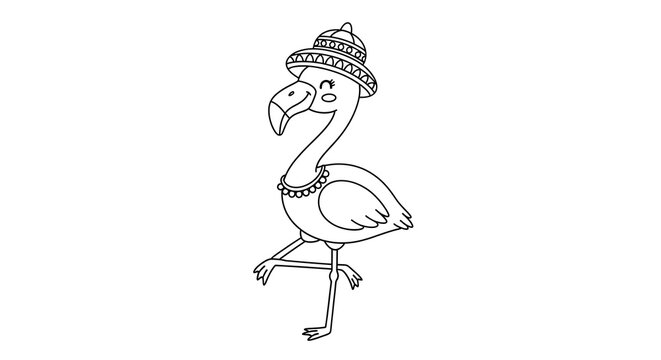 Cute cartoon flamingo wearing a patterned hat and necklace isolated on transparent background
