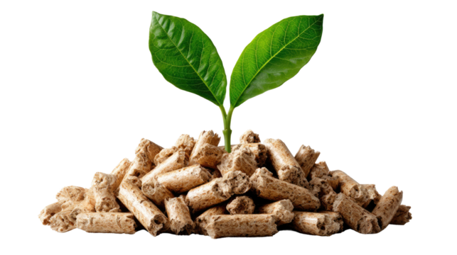 Eco-Friendly Growth: A symbolic representation of sustainable practices and environmental consciousness, a vibrant green sprout emerges from a pile of wood pellets.