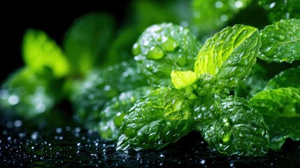 Close-up shot of fresh mint leaves adorned with shimmering water droplets, creating an inviting visual of freshness, aroma, and culinary potential on a sleek dark background.