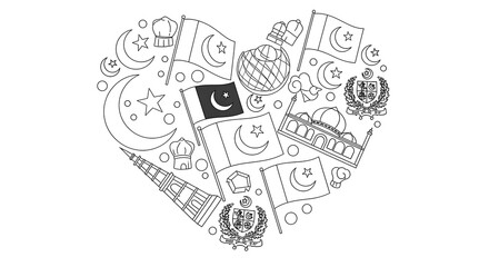 Heart shape collage of pakistan national symbols and landmarks isolated on transparent background