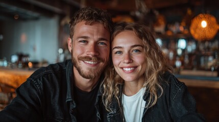 A joyful couple shares a heartwarming smile in a cozy bar environment, capturing the essence of love, connection, and togetherness in their vibrant atmosphere.