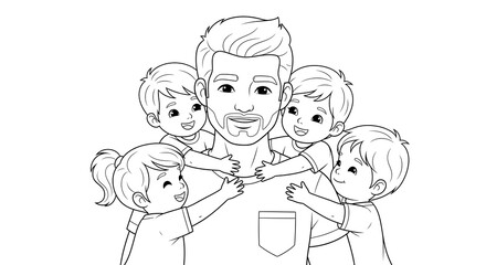 Happy father embracing his four children with love isolated on transparent background