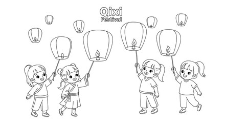 Children celebrating qixi festival by releasing sky lanterns isolated on transparent background