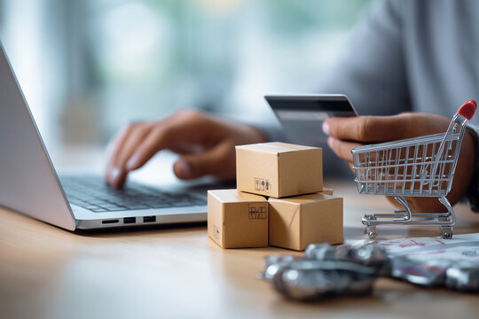 Online shopping for products: buying online with laptop and credit car
