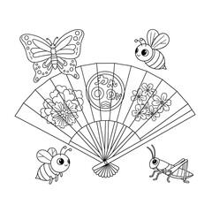 Cute cartoon butterfly bees and grasshopper around a japanese fan isolated on transparent background