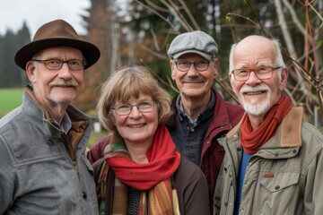 Group of senior friends in the park, smiling and looking at camera